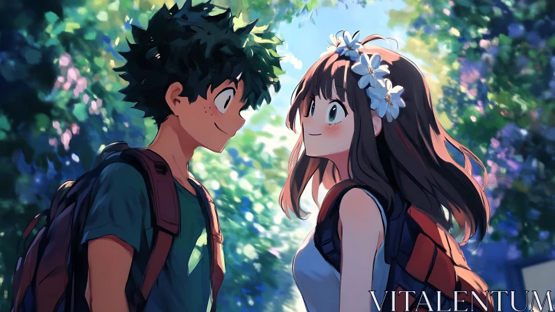 Two anime students standing outdoors with backpacks on.
