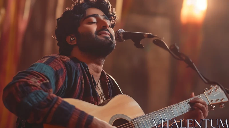 Male guitarist performing with microphone on warm stage.