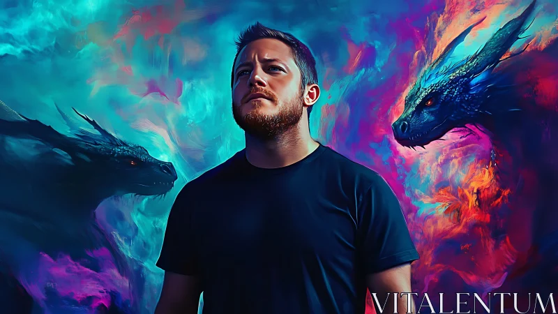 Man stands between two luminous dragons in vivid colors