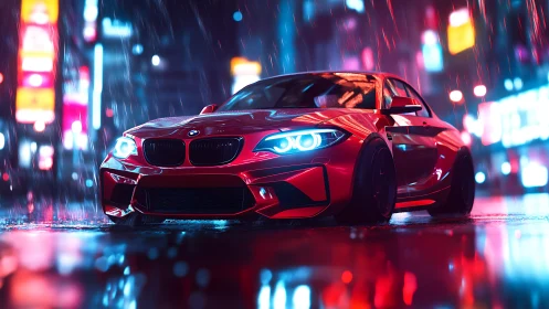 Neon rain crowns the crimson BMW as it stalks the city