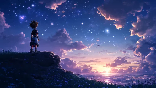 Cel-shaded boy studies luminous twilight sky over reflective ocean