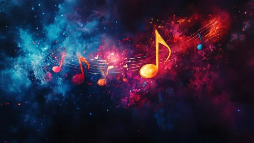 Vibrant musical notes traverse a nebula-like cosmic color field