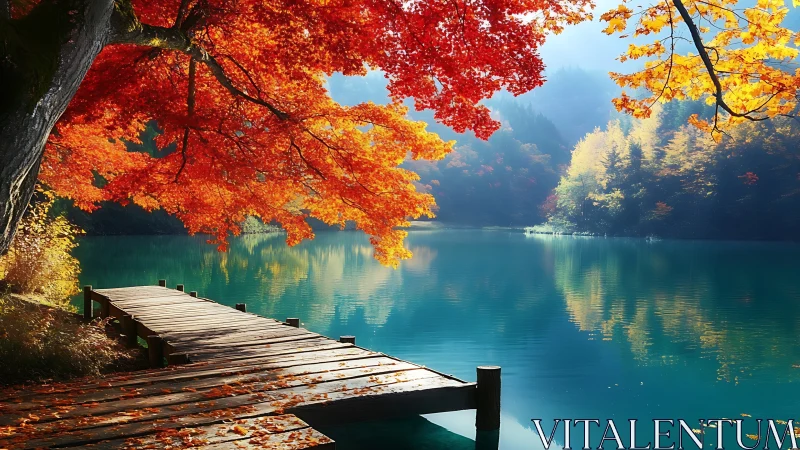 Wooden lakeside pier extends under vivid red autumn foliage
