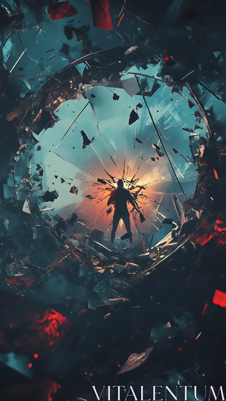 Silhouette suspended in shattered vortex of glass and light