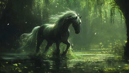 Mythic stallion strides through bioluminescent forest shallows