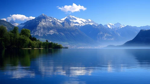 Snowcapped mountain range reflected in calm blue lake.
