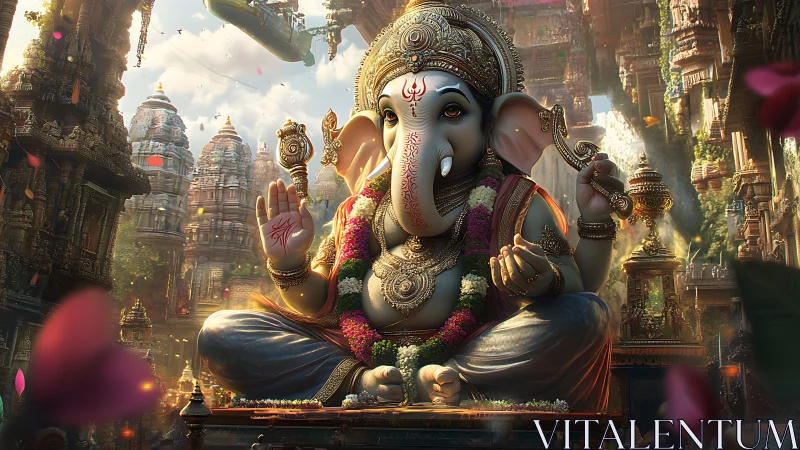 Large ornate Ganesh statue sits in detailed temple city