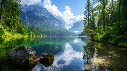 Still mountain lake cradled by bright forest and soft clouds.