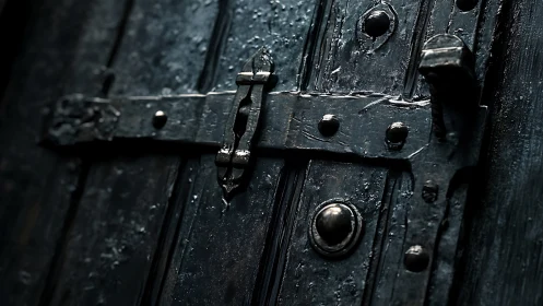 Rust-dark iron latch guarding a timeworn midnight door.