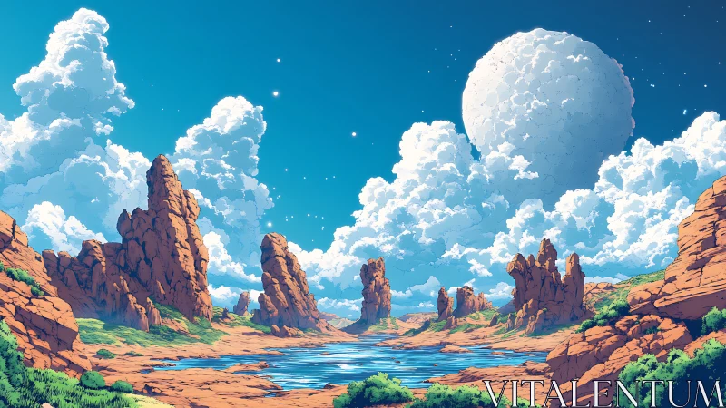 Celestial desert canyon under towering clouds and moon.