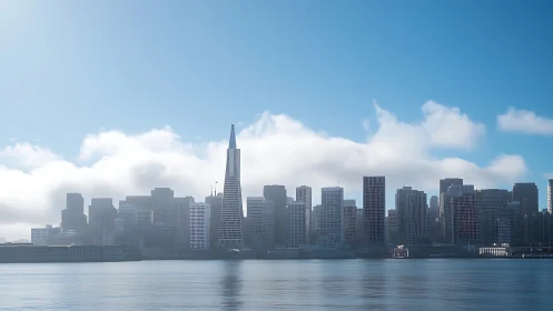 Downtown skyline rises through morning waterfront fog.