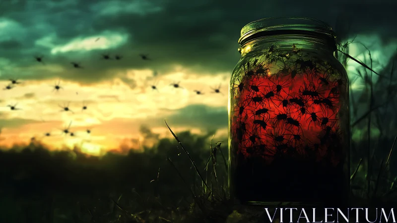 Entomological containment jar under bioluminescent sunset glow.