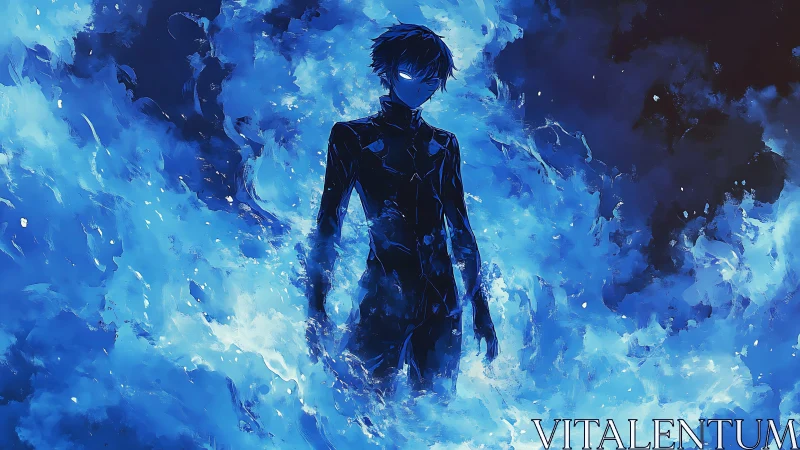 Blue flame warrior emerges from swirling digital inferno