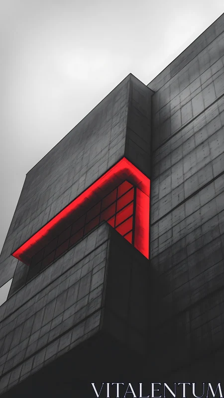Brutalist concrete facade with red illuminated window band