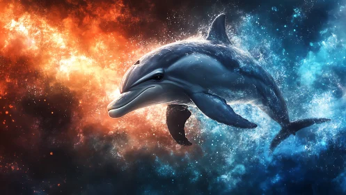 Playful cosmic dolphin gliding through glowing stardust.