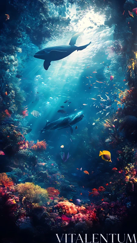 Digital painting of illuminated whales above vibrant coral reef.