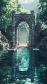 Ancient stone archway over emerald water in misty forest.