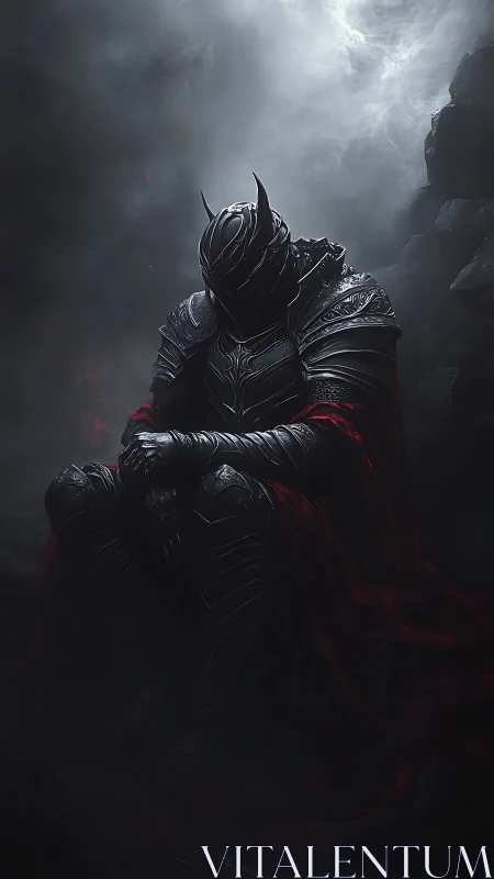 Brooding dark knight rests in crimson-shrouded twilight gloom