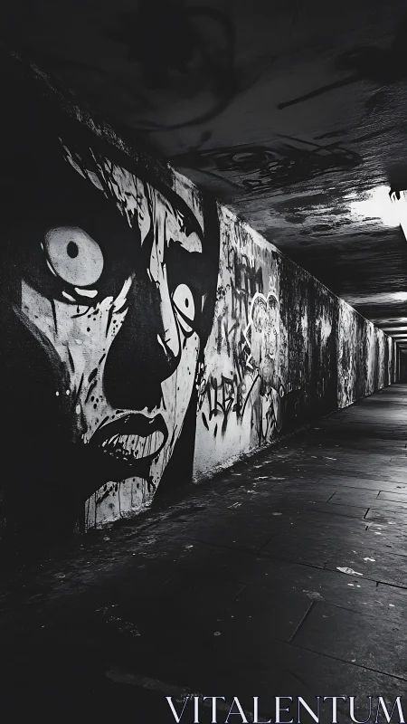 Bold tunnel graffiti invites viewers into a moody city story