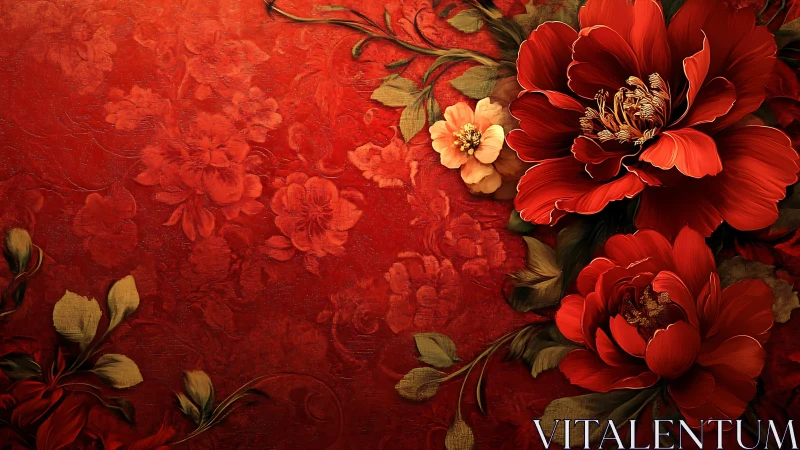 Layered Floral Composition with Textured Red Background and Dimensional Botany.