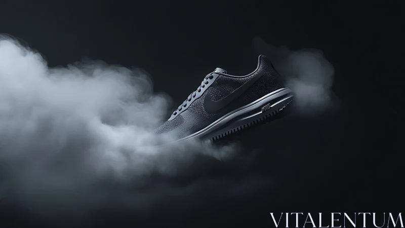 Dark running sneaker floating in dramatic studio fog.