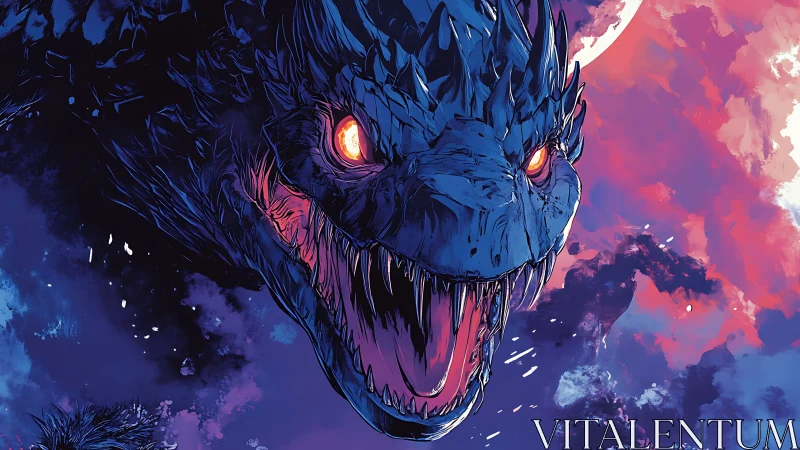 Large blue dragon head with open jaws against vivid sky.