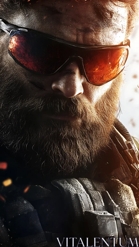 Battle-scarred bearded operative in ember-tinted shades.