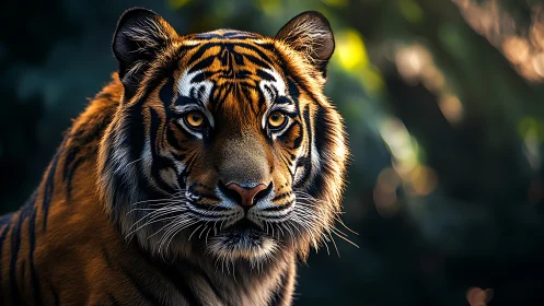 Photorealistic tiger portrait under shallow-depth forest light.