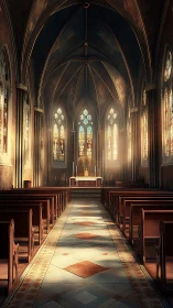 Gothic church interior with nave, pews and central altar.