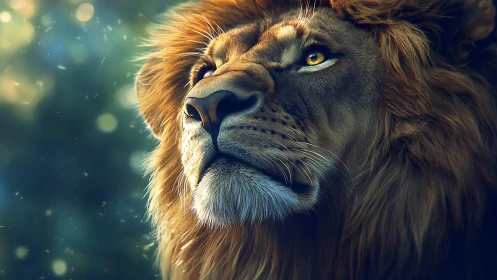 Regal lion portrait in glowing forest light at dusk.