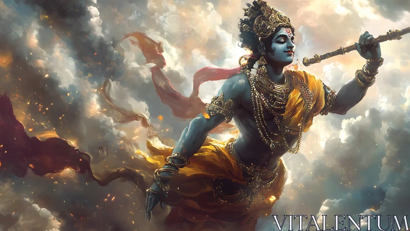 Dynamic celestial figure in golden drapery amid volumetric clouds