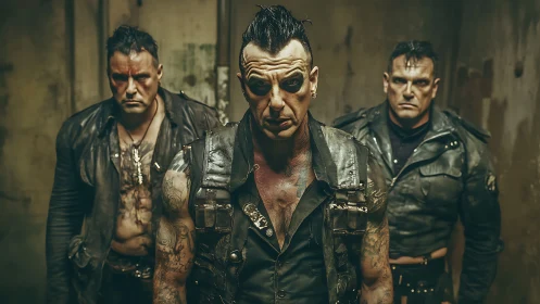 Tattooed punk trio in worn leather jackets pose grimly.