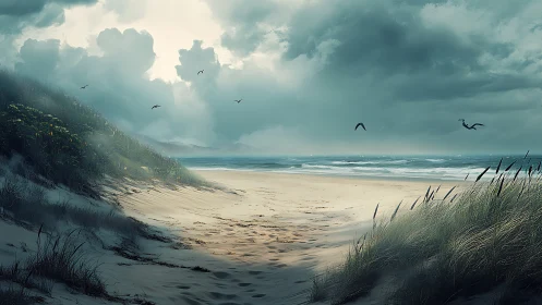 Storm-lit coastal sand dunes with overcast sky and seabirds