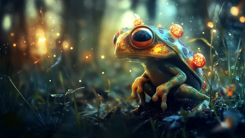 Glow-orb frog keeps vigil in a twilit forest of sparks