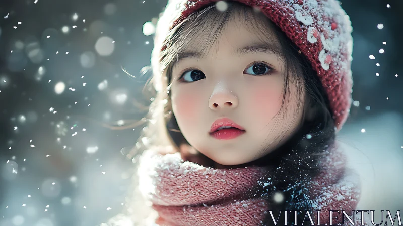 Child in winter attire amid falling snow particles