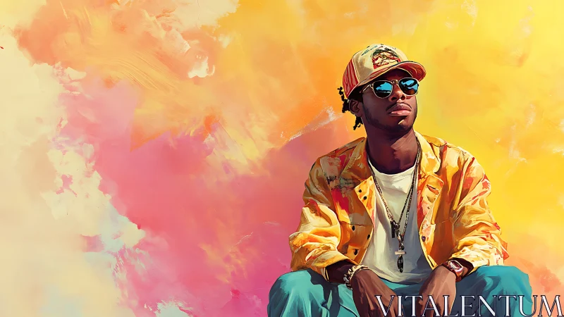 Man in bright streetwear sits before vivid abstract colors