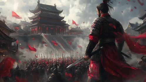 Armored commander observing assembled army before palace.