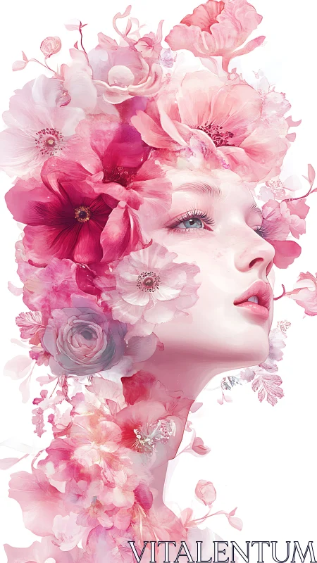 Floral portrait of woman in soft pink watercolor style.