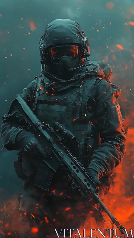 Armored tactical operative stands amid embers in teal-orange haze