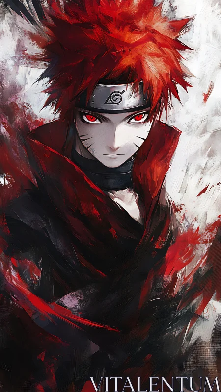Crimson‑haired shinobi in dynamic brush‑stroke vortex.