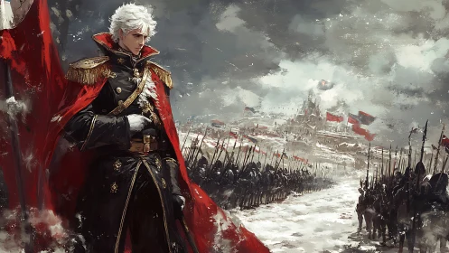 Military commander in red cloak before assembled army.