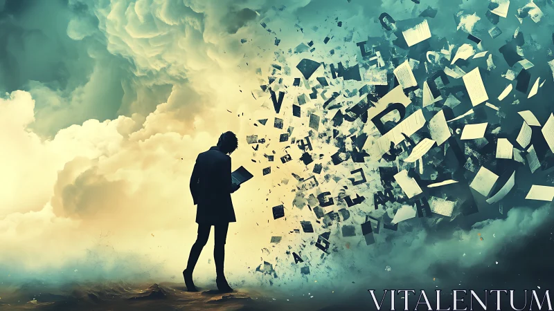 Silhouetted reader amid dispersed letters and papers in sky.