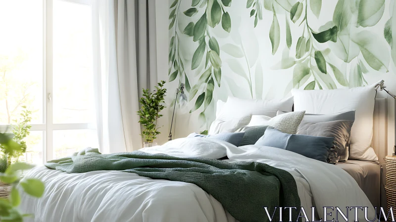Scandi botanical bedroom interior with layered textile styling.