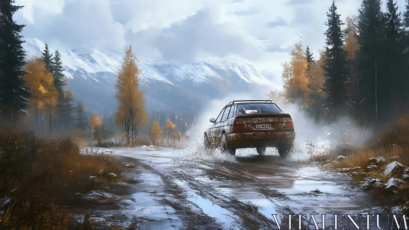 Cozy autumn drive toward snowcapped mountain adventure.