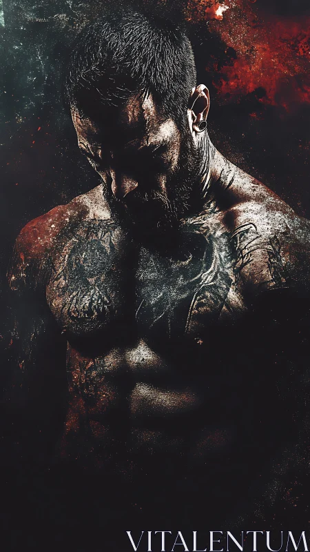 Tattooed muscular figure in high-contrast digital chiaroscuro.