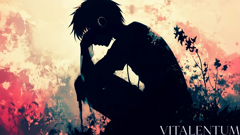 Silhouetted anime figure in contemplative crouch against abstract sky.