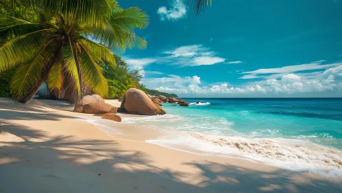Tropical Seascape with Palm Trees and Granite Boulders.