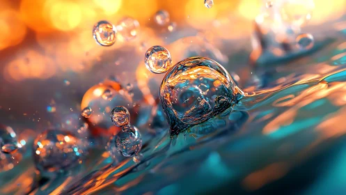 Luminous water orbs rise through liquid fire and neon dusk.