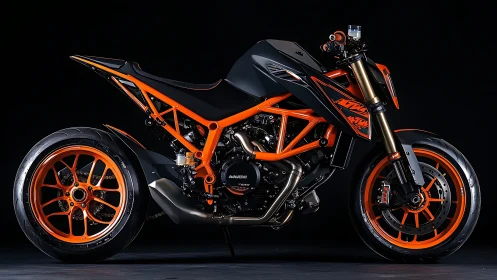 Studio-lit orange trellis-frame sport motorcycle profile study.