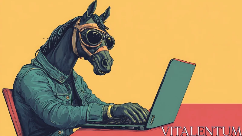 Curious horse in goggles happily types away on a laptop